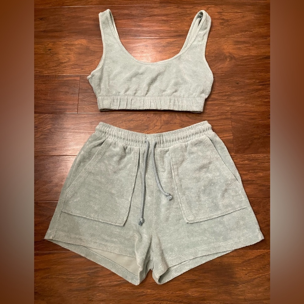 Zara Terez Light Sage Terry Cloth Lounge Shorts Set